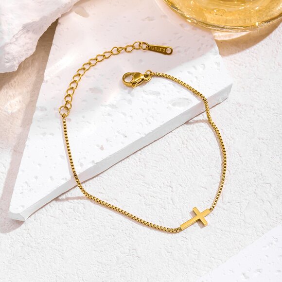 3/$35 Dainty 18K Gold Plated Cross Charm Adjustable Box Chain Bracelet - Picture 6 of 7